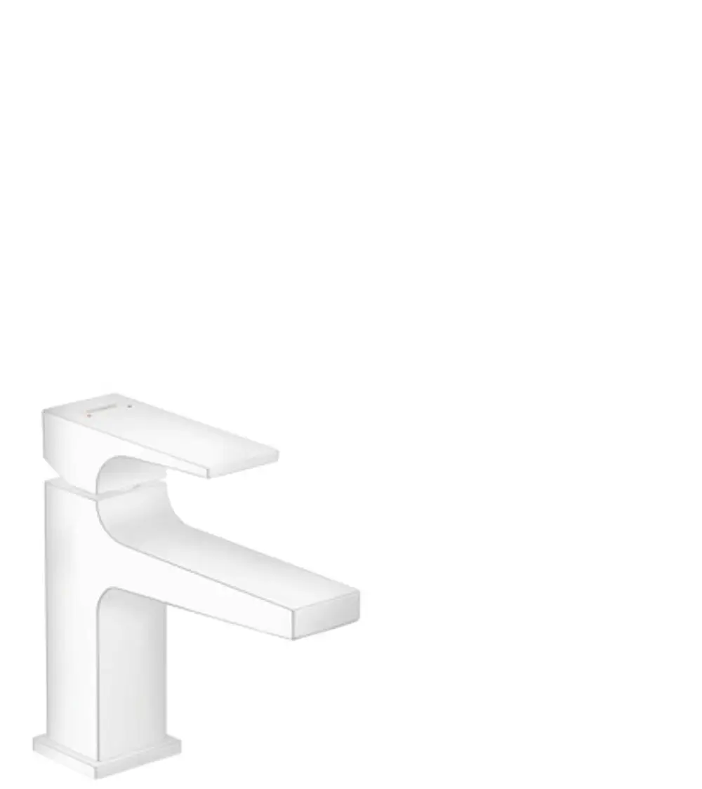 Weißer Einhebel-Waschtischmischer von Hansgrohe mit flachem Hebelgriff und schmalem Auslauf, geeignet für Handwaschbecken, inklusive Push-Open Ablaufgarnitur.